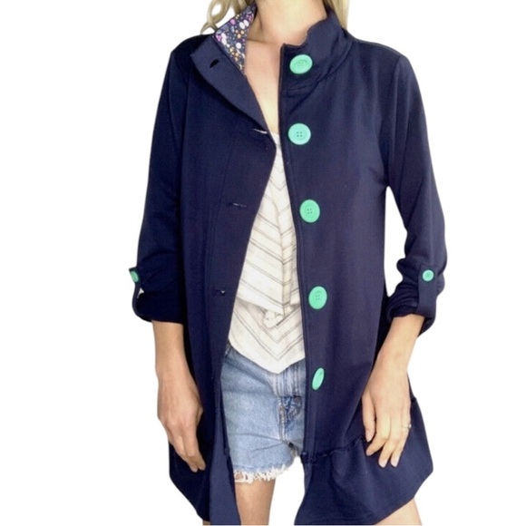 Matilda Jane A Million Little Things Jacket Navy Blue Green Buttons Roll Tab S - Picture 1 of 6